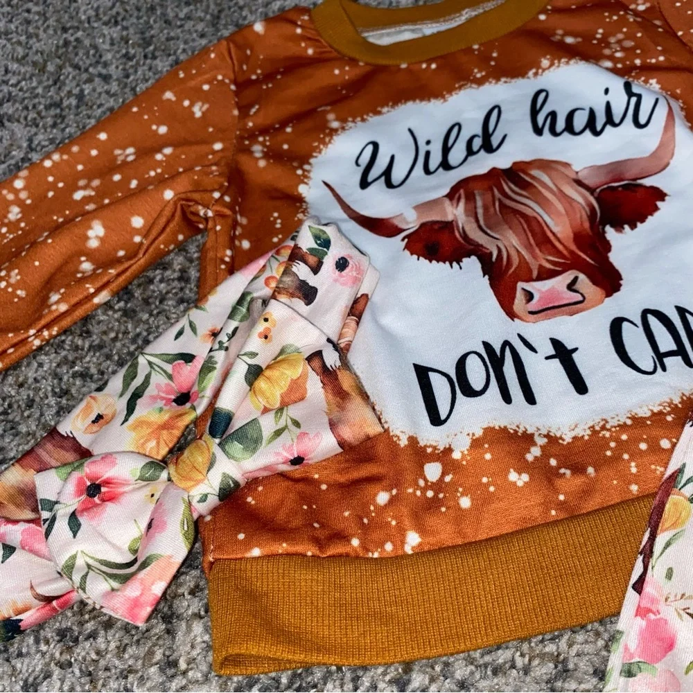 Girls Western Cow girl Set Wild Hair Don't Care Sweatshirt Floral Pants